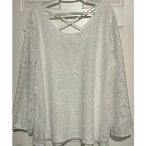 ING+ USA Women's White Long Sleeve‎ Lace Blouse Criss Cross Back Size 1X
